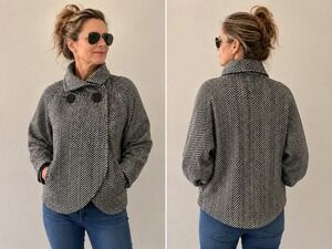 Vintage Lanvin Paris Black & White Herringbone Wool Jacket Coat France Size 40 L